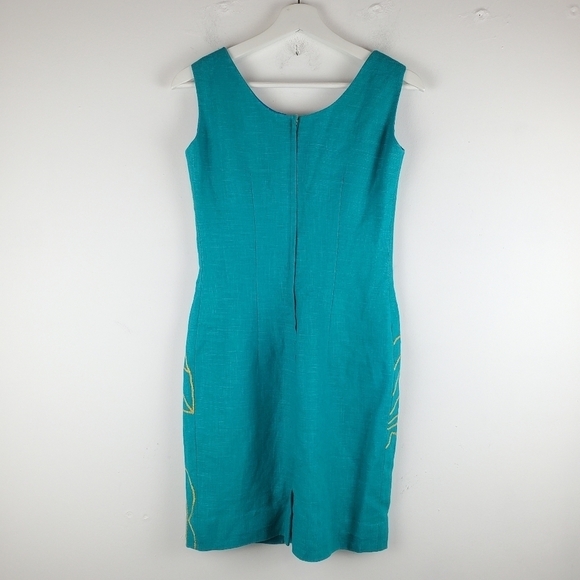 Santa Fe Sheath Dress Womens 6 Aqua Green Ramie Gold Embroidered Leaves Tropical - Picture 2 of 13